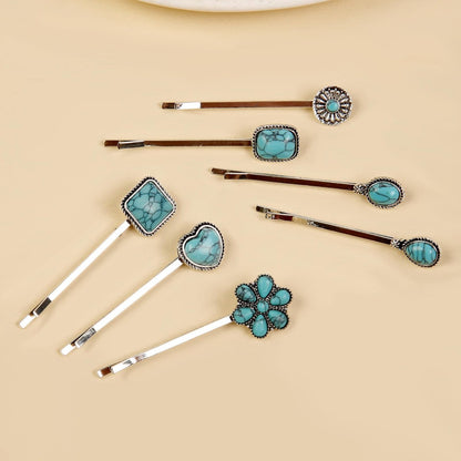 Boho Hair Pins – 7 Pack Vintage Silver Bobby Pins with Turquoise Stones for Women, Bohemian Hair Clips for Thick or Thin Hair