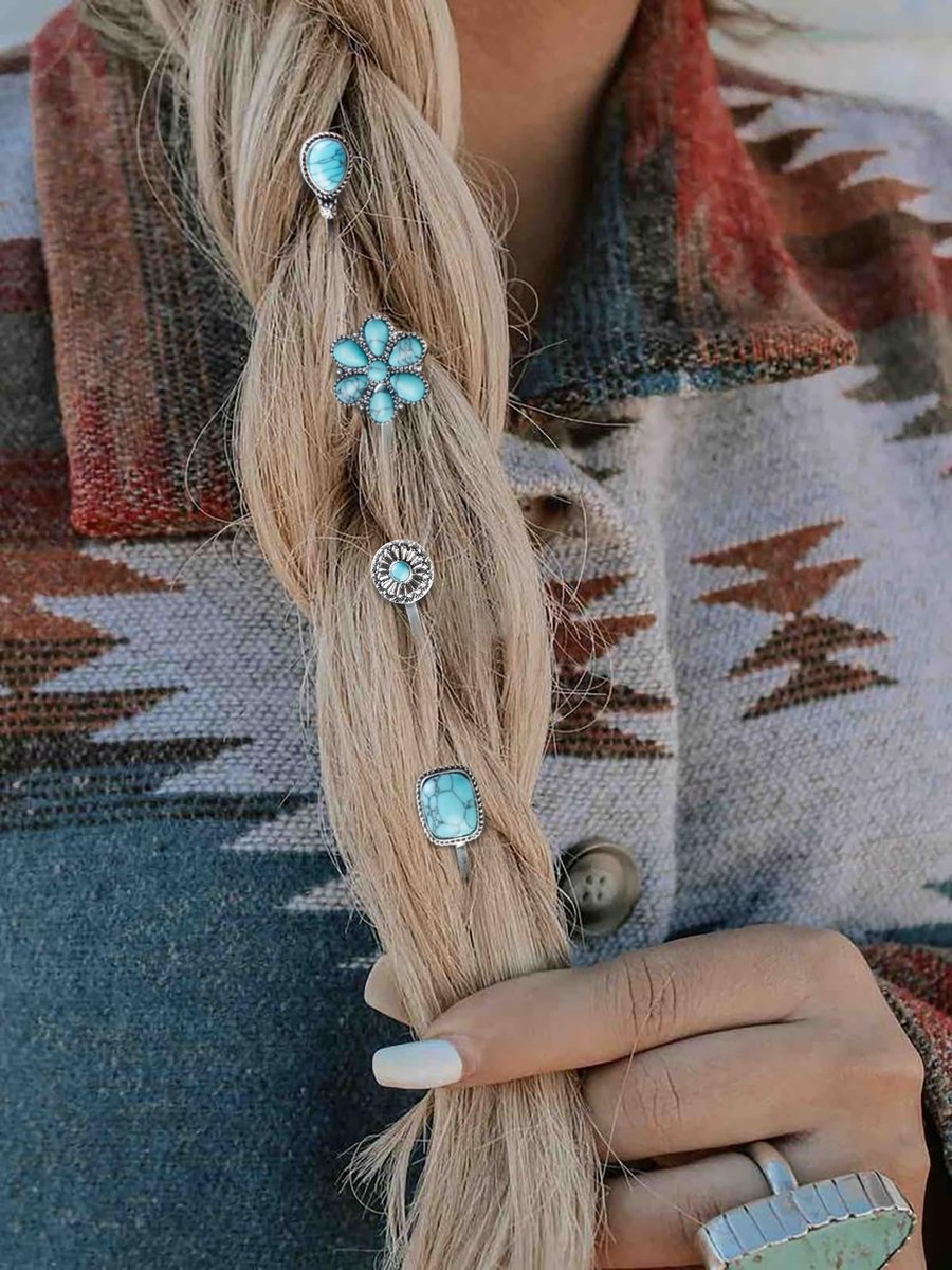 Boho Hair Pins – 7 Pack Vintage Silver Bobby Pins with Turquoise Stones for Women, Bohemian Hair Clips for Thick or Thin Hair - görsel 5