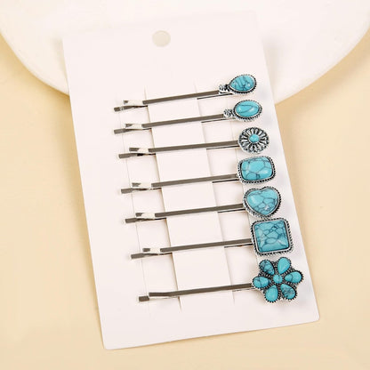 Boho Hair Pins – 7 Pack Vintage Silver Bobby Pins with Turquoise Stones for Women, Bohemian Hair Clips for Thick or Thin Hair