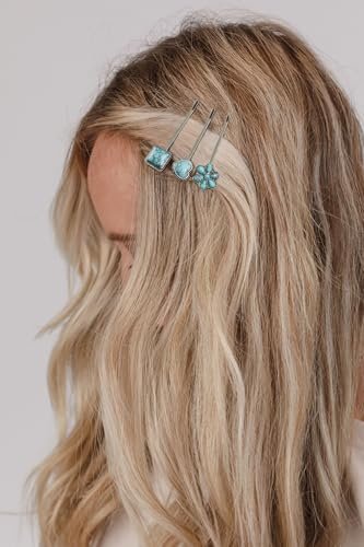 Boho Hair Pins – 7 Pack Vintage Silver Bobby Pins with Turquoise Stones for Women, Bohemian Hair Clips for Thick or Thin Hair - görsel 14