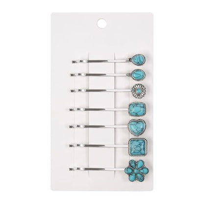 Boho Hair Pins – 7 Pack Vintage Silver Bobby Pins with Turquoise Stones for Women, Bohemian Hair Clips for Thick or Thin Hair