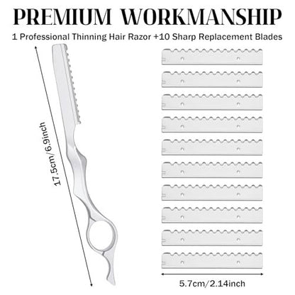 Professional Hair Thinning Razor Kit – 6.9" Stainless Steel Styling Razor with 10 Replacement Blades for Salon & Home Use