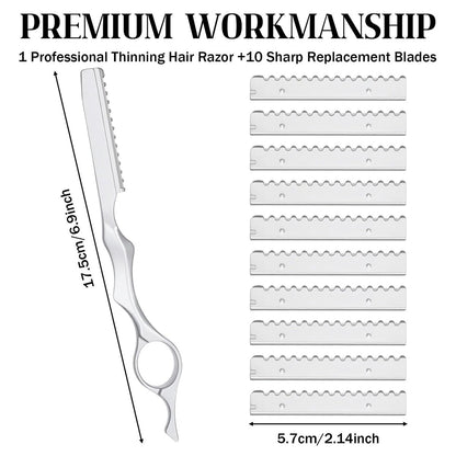 Professional Hair Thinning Razor Kit – 6.9" Stainless Steel Styling Razor with 10 Replacement Blades for Salon & Home Use
