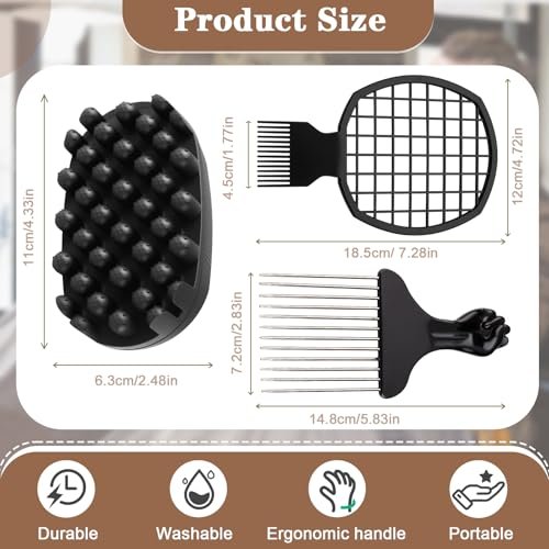 FOWSRHRG 3 Pack Silicone Curling Hair Brush & Metal Afro Pick Hair Comb Set – Durable Washable Curl Sponge for Black Men, Natural Hair, Dreadlocks, Coils & 4C Afro Hair Styling Tool Avelisse