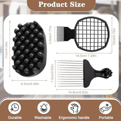 FOWSRHRG 3 Pack Silicone Curling Hair Brush & Metal Afro Pick Hair Comb Set – Durable Washable Curl Sponge for Black Men, Natural Hair, Dreadlocks, Coils & 4C Afro Hair Styling Tool Avelisse