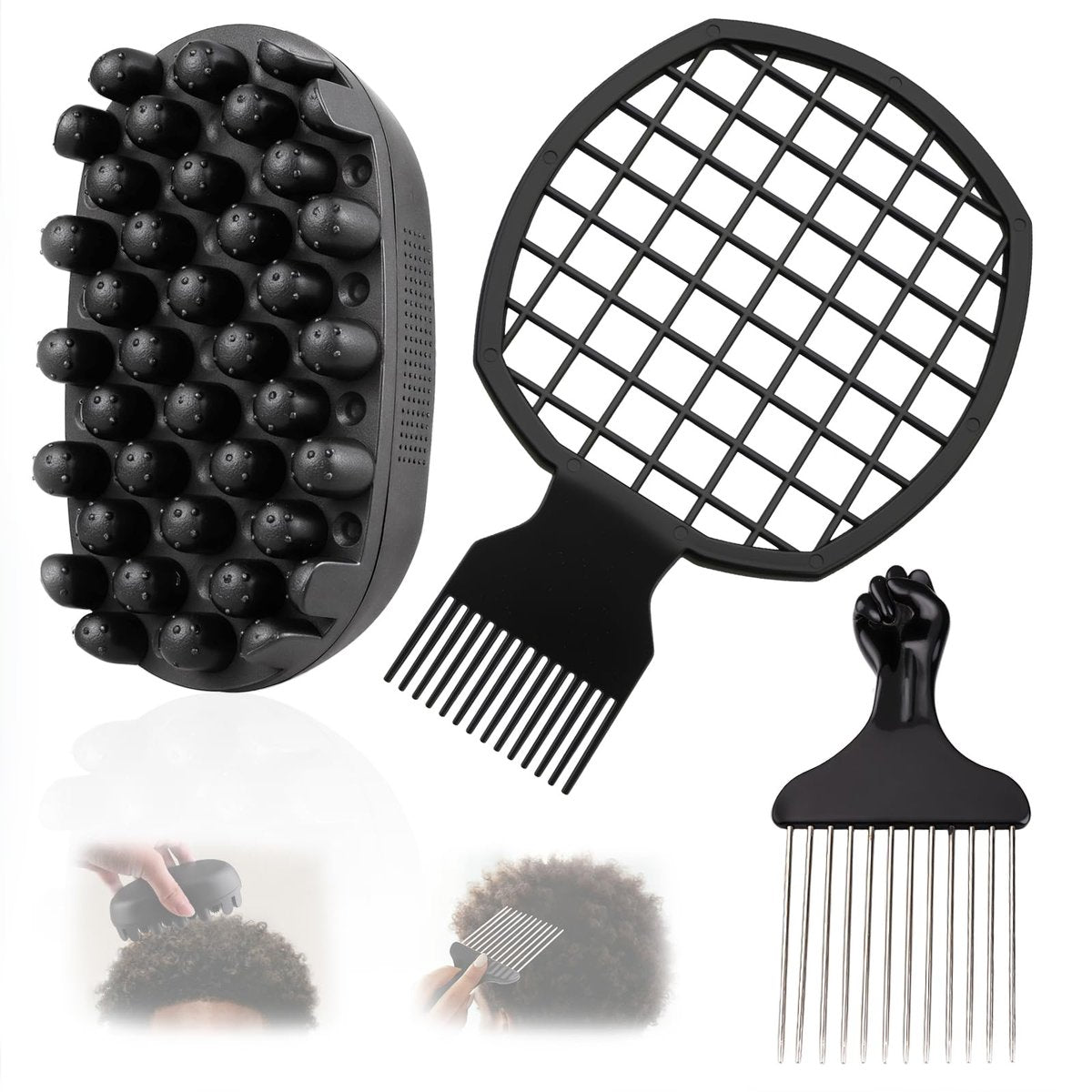 FOWSRHRG 3 Pack Silicone Curling Hair Brush & Metal Afro Pick Hair Comb Set – Durable Washable Curl Sponge for Black Men, Natural Hair, Dreadlocks, Coils & 4C Afro Hair Styling Tool Avelisse