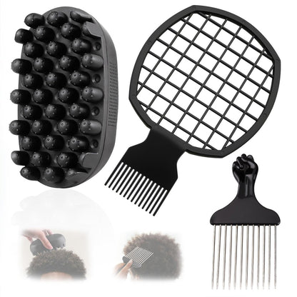 FOWSRHRG 3 Pack Silicone Curling Hair Brush & Metal Afro Pick Hair Comb Set – Durable Washable Curl Sponge for Black Men, Natural Hair, Dreadlocks, Coils & 4C Afro Hair Styling Tool Avelisse