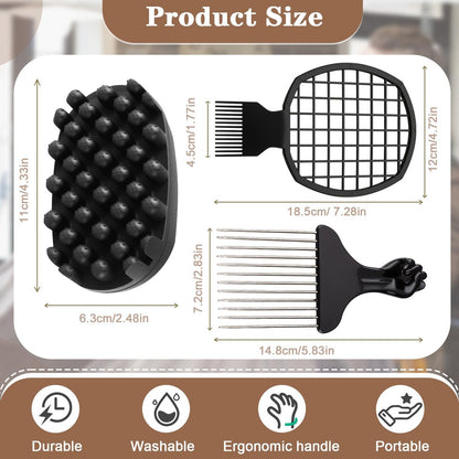 FOWSRHRG 3 Pack Silicone Curling Hair Brush & Metal Afro Pick Hair Comb Set – Durable Washable Curl Sponge for Black Men, Natural Hair, Dreadlocks, Coils & 4C Afro Hair Styling Tool Avelisse