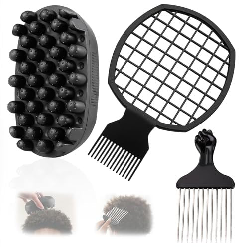 FOWSRHRG 3 Pack Silicone Curling Hair Brush & Metal Afro Pick Hair Comb Set – Durable Washable Curl Sponge for Black Men, Natural Hair, Dreadlocks, Coils & 4C Afro Hair Styling Tool Avelisse