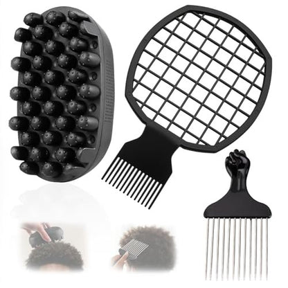 FOWSRHRG 3 Pack Silicone Curling Hair Brush & Metal Afro Pick Hair Comb Set – Durable Washable Curl Sponge for Black Men, Natural Hair, Dreadlocks, Coils & 4C Afro Hair Styling Tool Avelisse