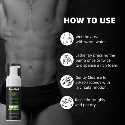 DOUCEWAND Men's Intimate Wash – pH Balanced Foaming Tea Tree Groin Cleanser, Odor Control with Agave & Licorice, Refreshing Body Wash – 5 Fl Oz