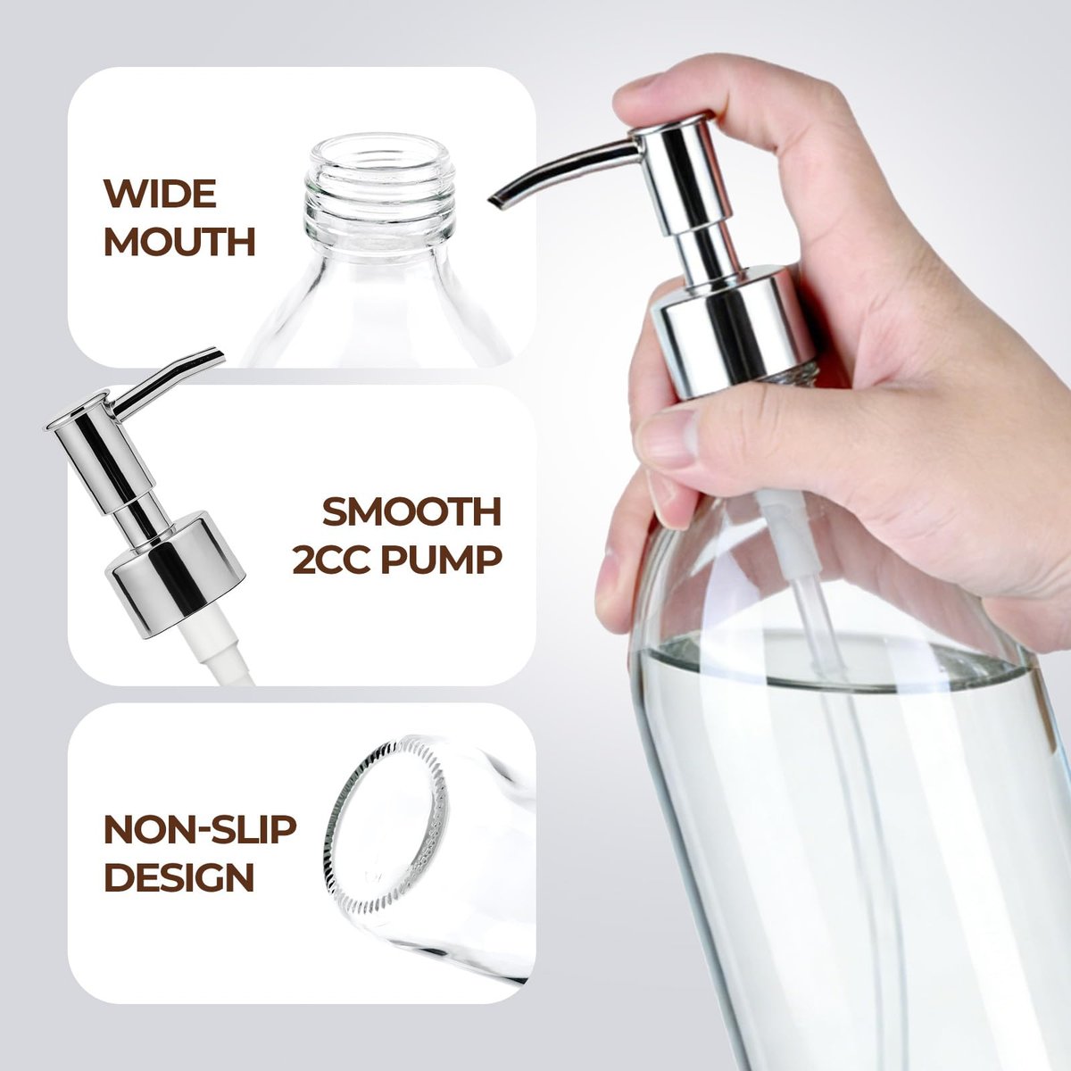 Homepicker 16 oz Clear Glass Soap Dispenser with Plastic Silver Pump (2-Pack) – Elegant Hand Soap & Lotion Dispensers for Bathroom and Kitchen - görsel 9