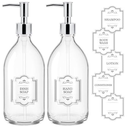 Homepicker 16 oz Clear Glass Soap Dispenser with Plastic Silver Pump (2-Pack) – Elegant Hand Soap & Lotion Dispensers for Bathroom and Kitchen