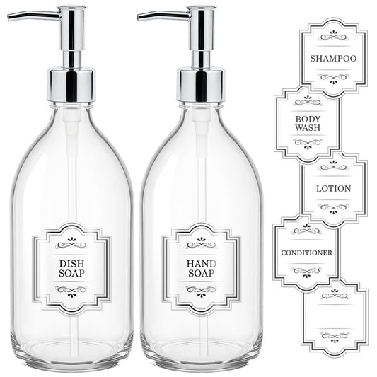 Homepicker 16 oz Clear Glass Soap Dispenser with Plastic Silver Pump (2-Pack) – Elegant Hand Soap & Lotion Dispensers for Bathroom and Kitchen