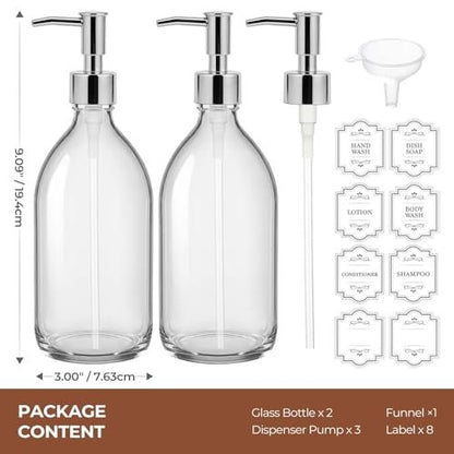 Homepicker 16 oz Clear Glass Soap Dispenser with Plastic Silver Pump (2-Pack) – Elegant Hand Soap & Lotion Dispensers for Bathroom and Kitchen