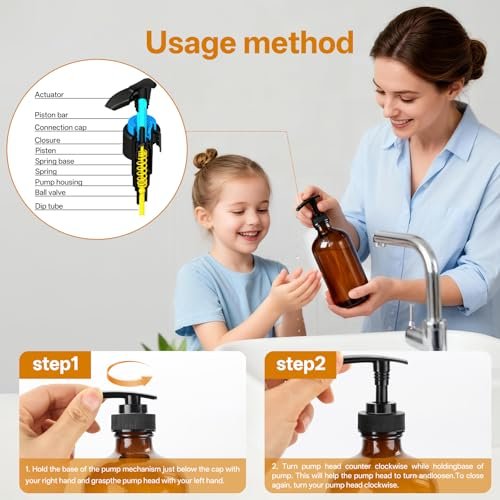 Vitreaux 16oz Amber Glass Soap Dispenser, 2 Pack Refillable Hand Soap Dispenser with Leak-Proof Pump, Brown Glass Bottle for Dish Soap, Lotion, Shampoo, Conditioner, Body Wash - görsel 6