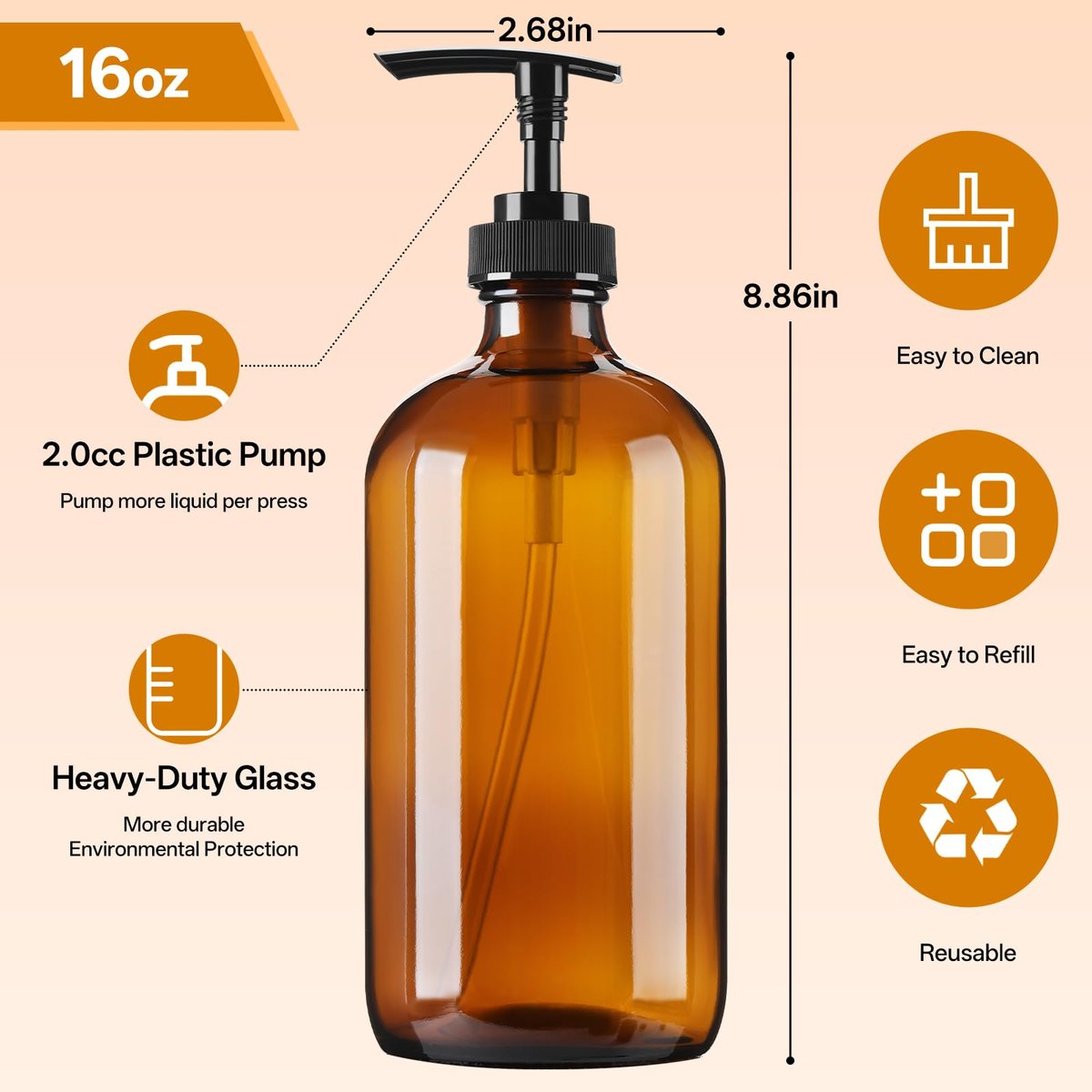 Vitreaux 16oz Amber Glass Soap Dispenser, 2 Pack Refillable Hand Soap Dispenser with Leak-Proof Pump, Brown Glass Bottle for Dish Soap, Lotion, Shampoo, Conditioner, Body Wash - görsel 3