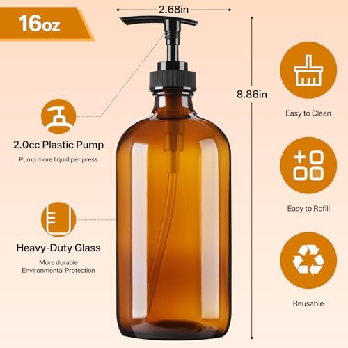 Vitreaux 16oz Amber Glass Soap Dispenser, 2 Pack Refillable Hand Soap Dispenser with Leak-Proof Pump, Brown Glass Bottle for Dish Soap, Lotion, Shampoo, Conditioner, Body Wash - görsel 4
