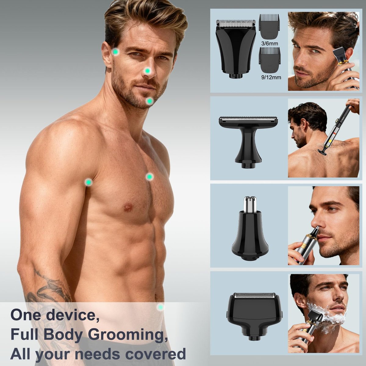 Hatteker Electric Mens Back Shaver Body Trimmer Hair Groomer 4 in 1 Kit - Waterproof, Extendable Arm, for Facial, Chin, Arm, Back, Pubic Hair - Black Avelisse