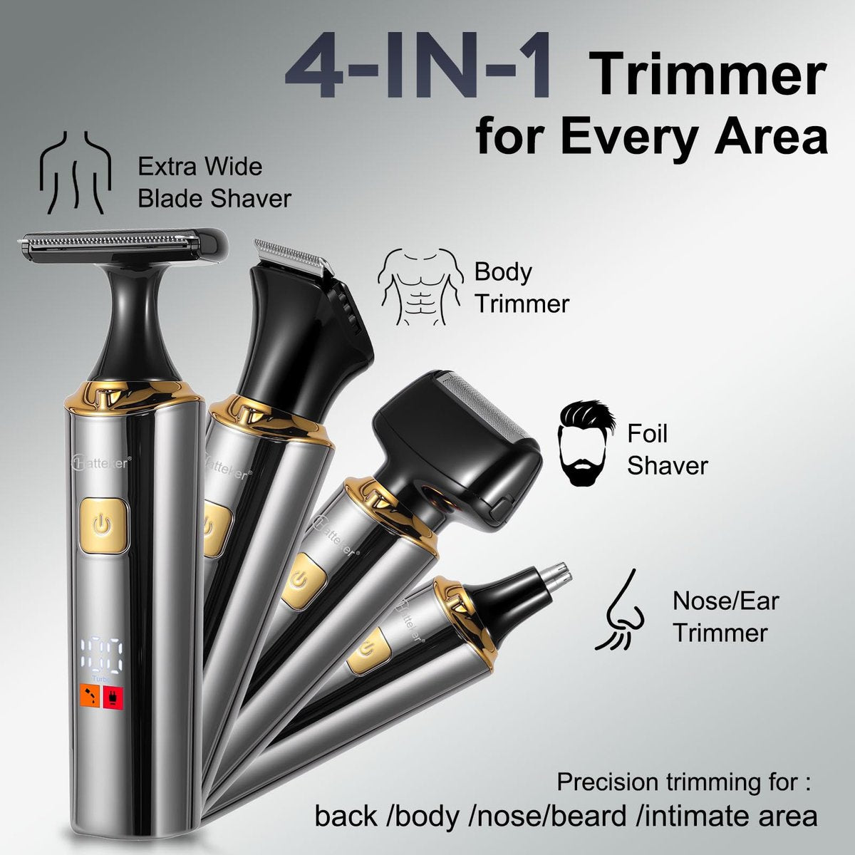 Hatteker Electric Mens Back Shaver Body Trimmer Hair Groomer 4 in 1 Kit - Waterproof, Extendable Arm, for Facial, Chin, Arm, Back, Pubic Hair - Black Avelisse