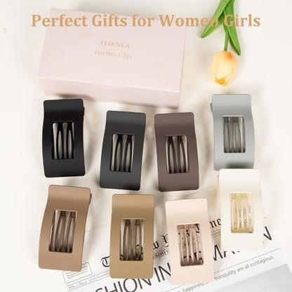 8 Pack Flat Hair Claw Clips for Women - Large Strong Hold Hair Barrettes for Thin Thick Hair - Black, Brown, Beige, Gray, White & More