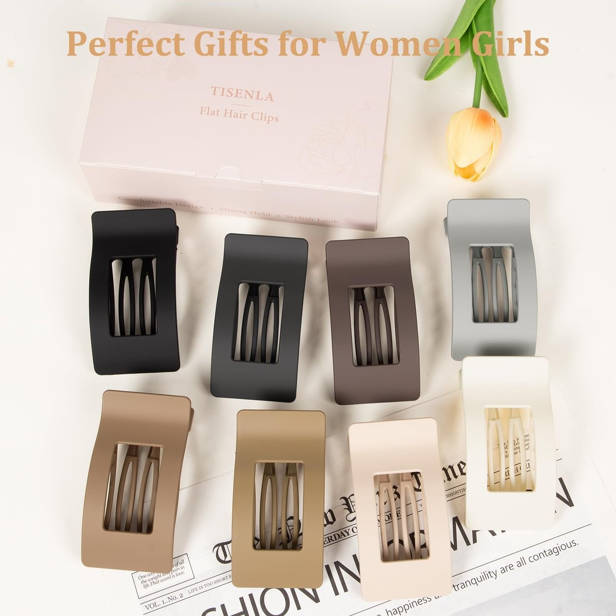 8 Pack Flat Hair Claw Clips for Women - Large Strong Hold Hair Barrettes for Thin Thick Hair - Black, Brown, Beige, Gray, White & More - görsel 10