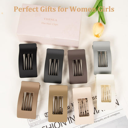 8 Pack Flat Hair Claw Clips for Women - Large Strong Hold Hair Barrettes for Thin Thick Hair - Black, Brown, Beige, Gray, White & More