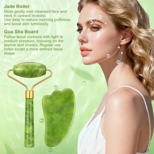 6-Piece Jade Roller & Gua Sha Set for Face - Natural Facial Massage Tools for Skincare and Lymphatic Drainage - görsel 12