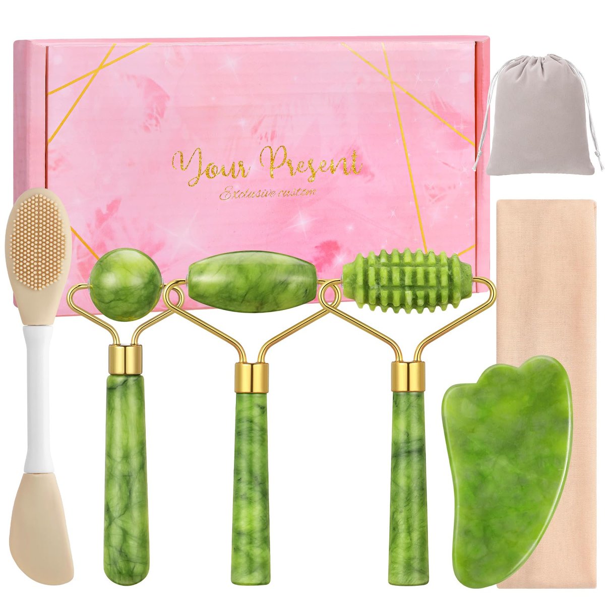 6-Piece Jade Roller & Gua Sha Set for Face - Natural Facial Massage Tools for Skincare and Lymphatic Drainage - görsel 1