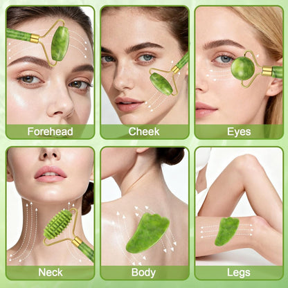 6-Piece Jade Roller & Gua Sha Set for Face - Natural Facial Massage Tools for Skincare and Lymphatic Drainage