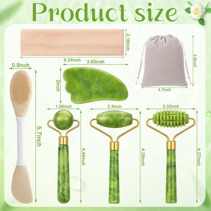 6-Piece Jade Roller & Gua Sha Set for Face - Natural Facial Massage Tools for Skincare and Lymphatic Drainage