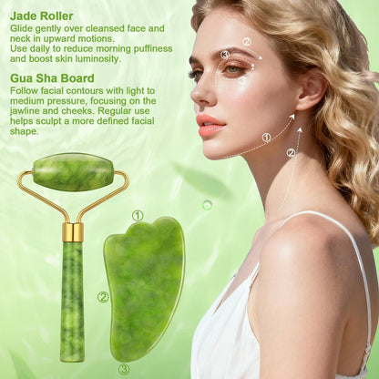 6-Piece Jade Roller & Gua Sha Set for Face - Natural Facial Massage Tools for Skincare and Lymphatic Drainage