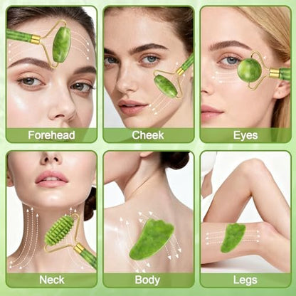 6-Piece Jade Roller & Gua Sha Set for Face - Natural Facial Massage Tools for Skincare and Lymphatic Drainage