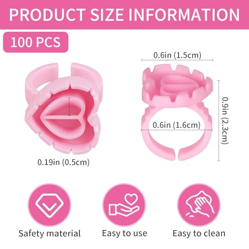 100PCS Glue Rings, Lovely Heart Shape, Lash Glue Holder Disposable Smart Lash Rings for Eyelash Extensions Blooming Volume Fanning No Spill Cups (Pink) - görsel 4