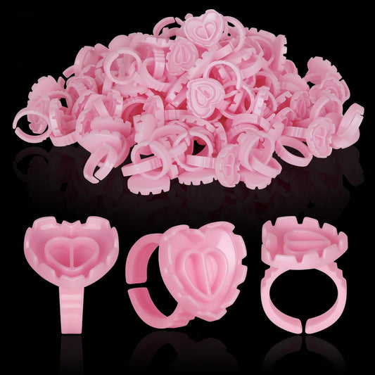 100PCS Glue Rings, Lovely Heart Shape, Lash Glue Holder Disposable Smart Lash Rings for Eyelash Extensions Blooming Volume Fanning No Spill Cups (Pink)