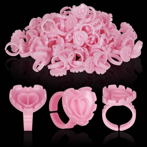100PCS Glue Rings, Lovely Heart Shape, Lash Glue Holder Disposable Smart Lash Rings for Eyelash Extensions Blooming Volume Fanning No Spill Cups (Pink) - görsel 2