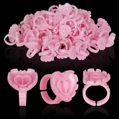 100PCS Glue Rings, Lovely Heart Shape, Lash Glue Holder Disposable Smart Lash Rings for Eyelash Extensions Blooming Volume Fanning No Spill Cups (Pink)