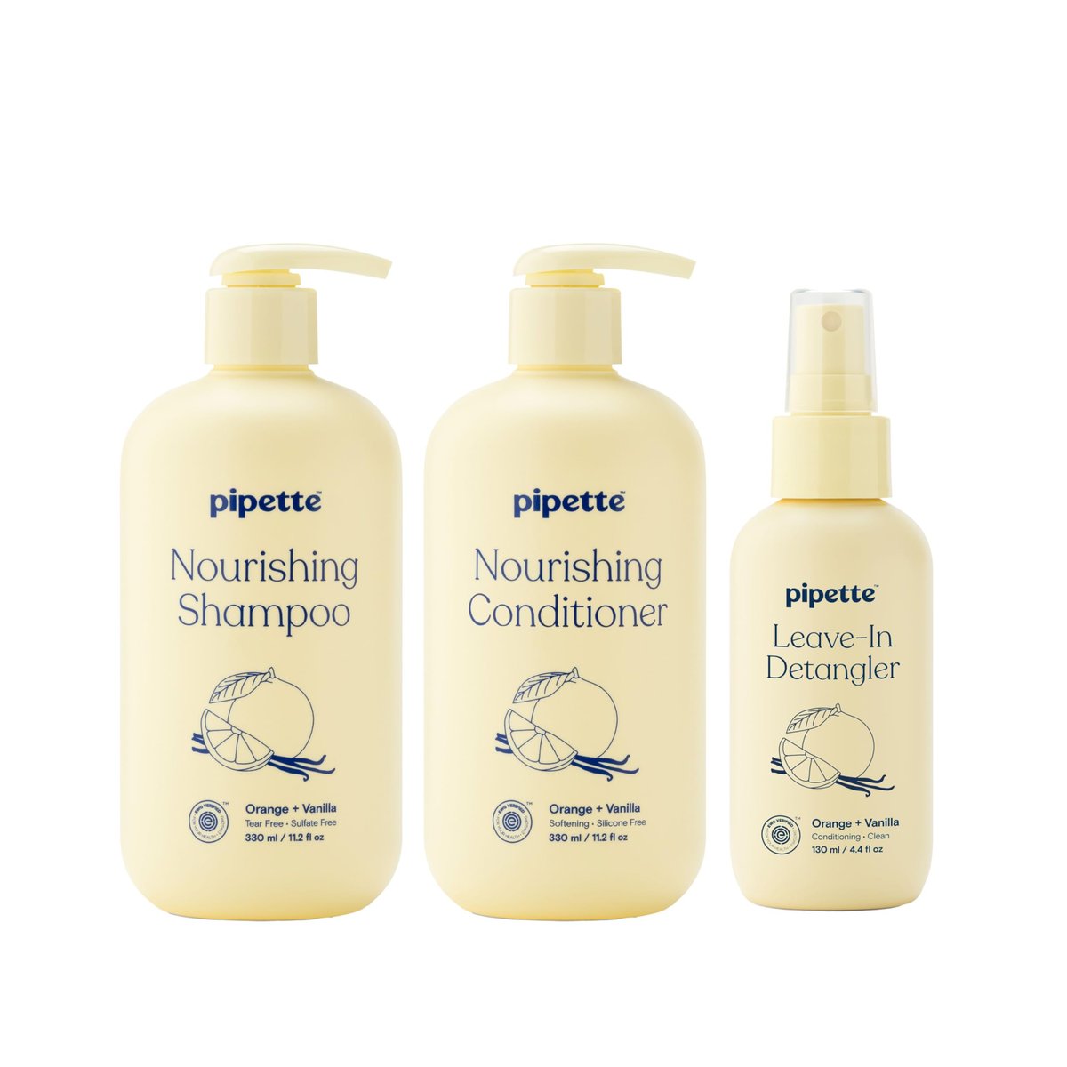 Pipette Kids Daily Haircare Trio - Leave-In Detangler, Tear-Free Shampoo & Conditioner, Non-Toxic & Hypoallergenic, Orange Vanilla Scent (Pack of 3) Avelisse