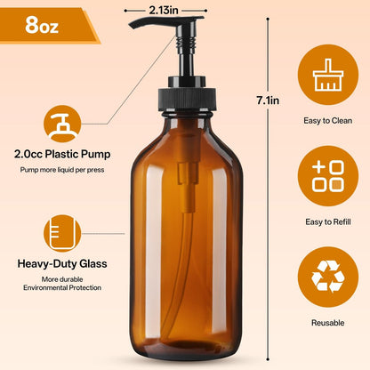 Vitreaux Amber Glass Soap Dispenser 8oz, 3 Pack with Leak-Proof Pump – Refillable Small Glass Bottles for Hand Soap, Lotion, Shampoo & Dish Soap, Includes Protective Black Caps & Easy-Pour Funnel