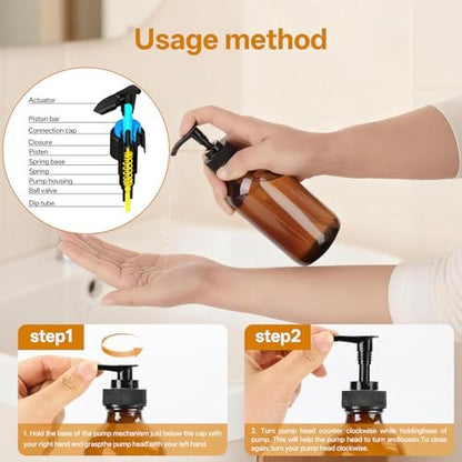 Vitreaux Amber Glass Soap Dispenser 8oz, 3 Pack with Leak-Proof Pump – Refillable Small Glass Bottles for Hand Soap, Lotion, Shampoo & Dish Soap, Includes Protective Black Caps & Easy-Pour Funnel