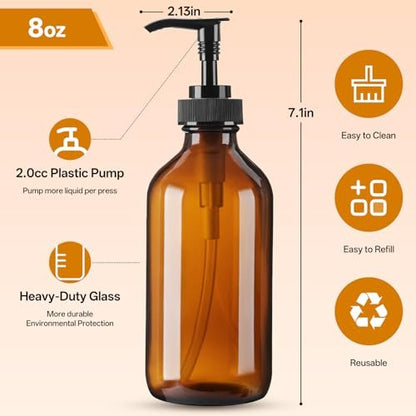 Vitreaux Amber Glass Soap Dispenser 8oz, 3 Pack with Leak-Proof Pump – Refillable Small Glass Bottles for Hand Soap, Lotion, Shampoo & Dish Soap, Includes Protective Black Caps & Easy-Pour Funnel