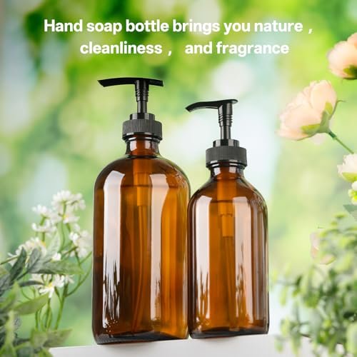 Vitreaux 16oz Amber Glass Soap Dispenser, 2 Pack Refillable Hand Soap Dispenser with Leak-Proof Pump, Brown Glass Bottle for Dish Soap, Lotion, Shampoo, Conditioner, Body Wash - görsel 7
