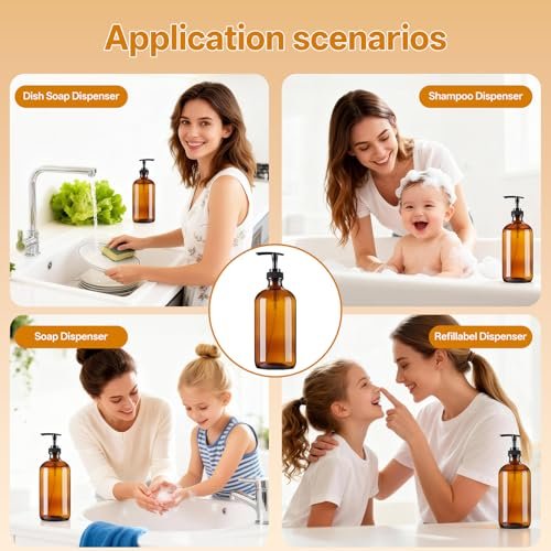 Vitreaux Amber Glass Soap Dispenser 8oz, 3 Pack with Leak-Proof Pump – Refillable Small Glass Bottles for Hand Soap, Lotion, Shampoo & Dish Soap, Includes Protective Black Caps & Easy-Pour Funnel - görsel 8