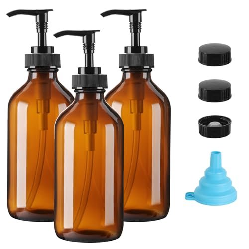Vitreaux Amber Glass Soap Dispenser 8oz, 3 Pack with Leak-Proof Pump – Refillable Small Glass Bottles for Hand Soap, Lotion, Shampoo & Dish Soap, Includes Protective Black Caps & Easy-Pour Funnel - görsel 2