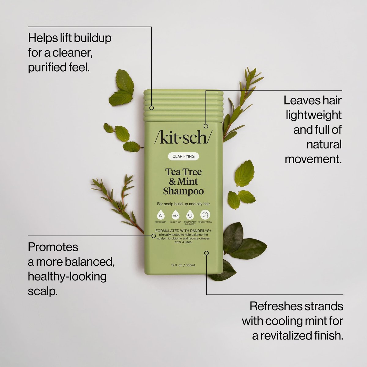 Kitsch Clarifying Tea Tree & Mint Liquid Shampoo – Deep Clean for Oily Hair & Scalp Buildup, Color-Safe, Made in USA (12.3 oz) - görsel 3