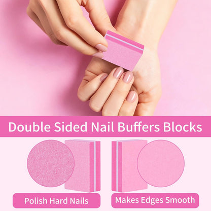 50-Pack Mini Nail Buffer Blocks 100/180 Grit - Double-Sided Sponge Files for Natural & Acrylic Nails, Disposable Travel Size (Pink)