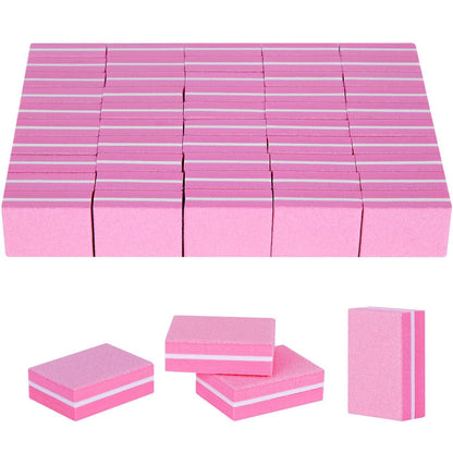 50-Pack Mini Nail Buffer Blocks 100/180 Grit - Double-Sided Sponge Files for Natural & Acrylic Nails, Disposable Travel Size (Pink)