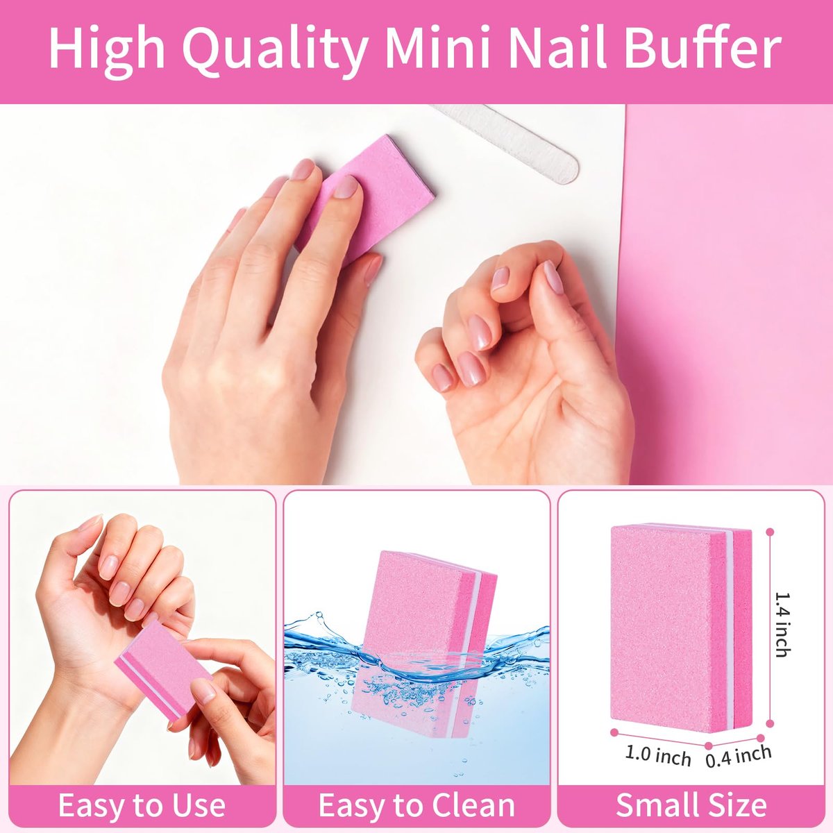 50-Pack Mini Nail Buffer Blocks 100/180 Grit - Double-Sided Sponge Files for Natural & Acrylic Nails, Disposable Travel Size (Pink) - görsel 4