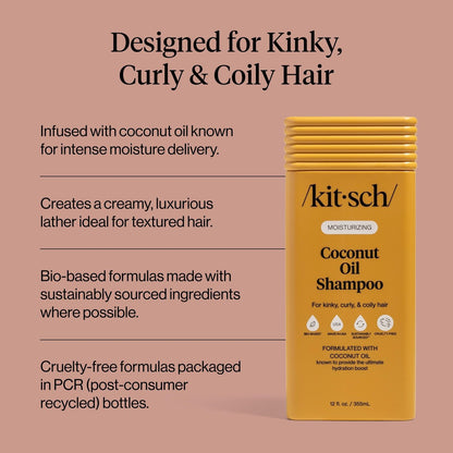 Kitsch Moisturizing Coconut Oil Liquid Shampoo – Deep Moisture for Kinky, Curly & Coily Hair – Color-Safe, Sulfate-Free – 12.3 oz