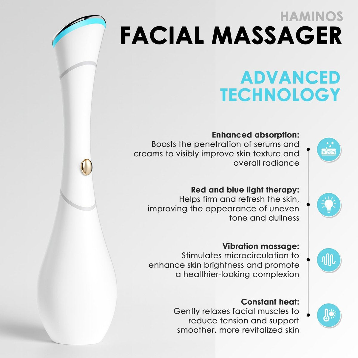 HAMINOS 4-in-1 Facial Massager Wand - Heat, Vibration, Red/Blue Light & Ionic Skincare Absorption for Reducing Puffiness and Reviving Tired-Looking Skin Avelisse